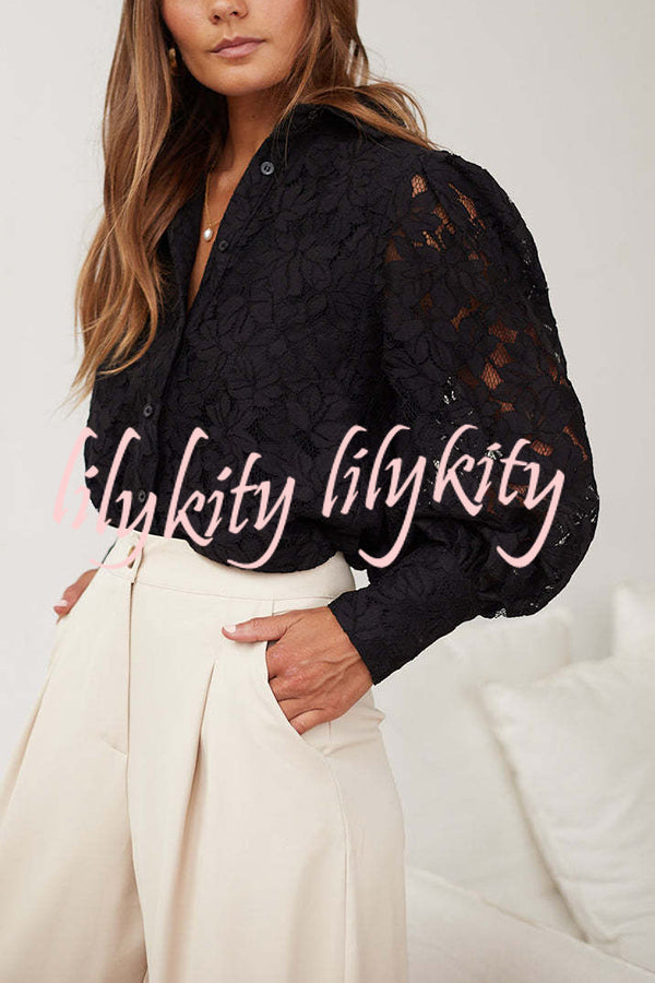 Sexy Hollow Lapel Casual Lace Shirt Top