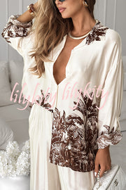 Botanical Print Loose Long-sleeved Shirt and Elastic Waist Pocket Casual Wide-leg Pants