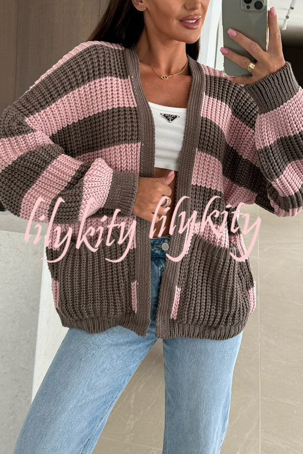 Fashionable Patchwork Striped Casual Pocket Knitted Sweater