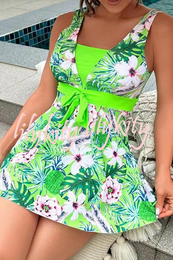 Cheerful Floral Print Bow Detail Tankini Swimsuit Set