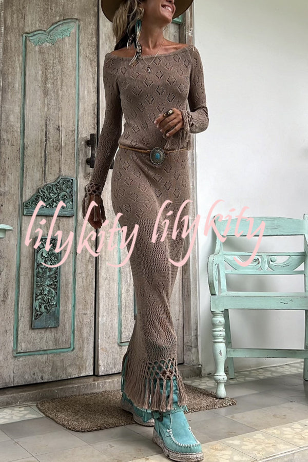 Bailey Knit Long Sleeve Pattern Hollow Out Tassel Trim Maxi Dress