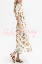 Beach Shell Print Puff Sleeve Tie-Waist Casual Midi Dress