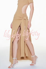 Holiday Party Ribbed Knit Cutout Waist Straps Slit Maxi Dress