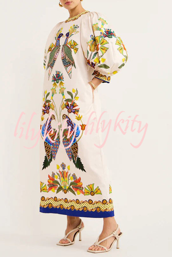 Garden Party Unique Heaven Bird Print Puff Sleeve Pocketed Loose Midi Dress