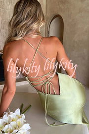 Satin Solid Color Sexy Backless Lace Up High Slit Maxi Dress