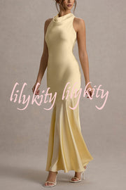 Timeless Sophistication Satin Cowl Detail Back Self-tie Halter Neck Maxi Dress