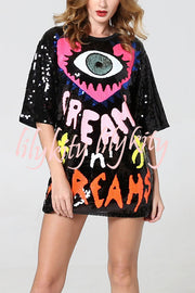 Love Eyes Letters Sequined Round Neck Short Sleeve Mid-Length Loose T-Shirt