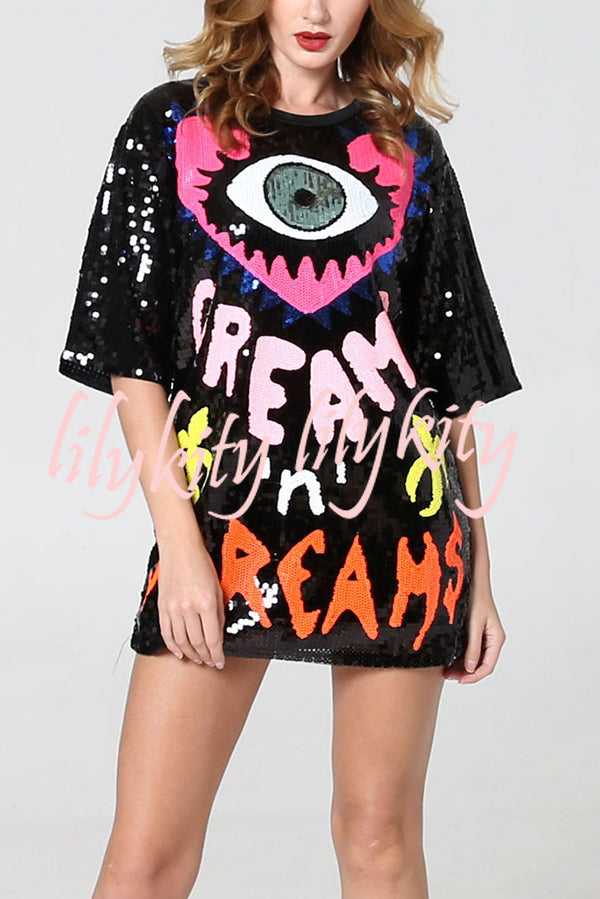 Love Eyes Letters Sequined Round Neck Short Sleeve Mid-Length Loose T-Shirt