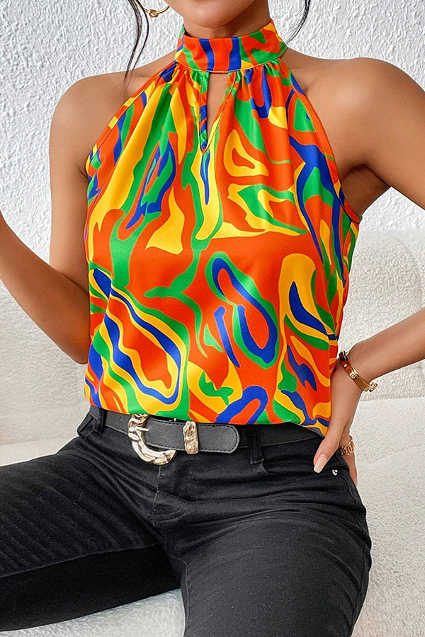 Unique Print Sleeveless Round Neck Loose Top