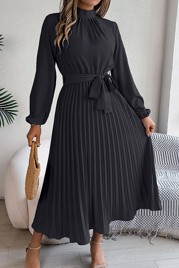 Elegant Stand-collar Long-sleeve Waisted Tie-up Pleated Midi Dress