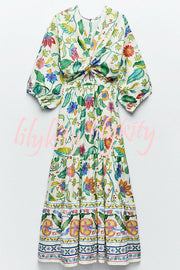 Botanical Floral Print V-neck Cutout Lace-up Elastic Waist Maxi Dress