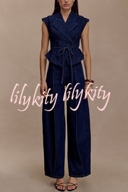 Charley Denim Button Up Cap Short Sleeve Structured Tie-up Lapel Top