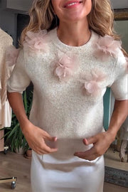 Alboran Knit Organza Flowers Detail Short Sleeve Loose Sweater