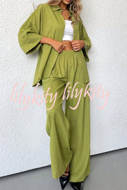 Solid Color Loose Casual Shirt and Elastic Waist Pocket Wide Leg Pants Set