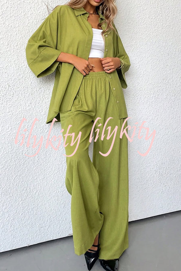 Solid Color Loose Casual Shirt and Elastic Waist Pocket Wide Leg Pants Set