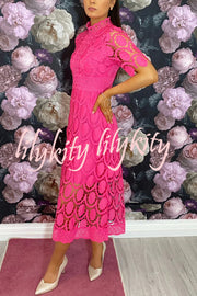 Elegant Crocheted Cutout Lace Short-sleeved Stand-collar Midi Dress