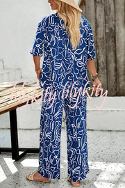 Irregular Printed Button Pocket Long Sleeved Shirt and Elastic Waist Pants Set