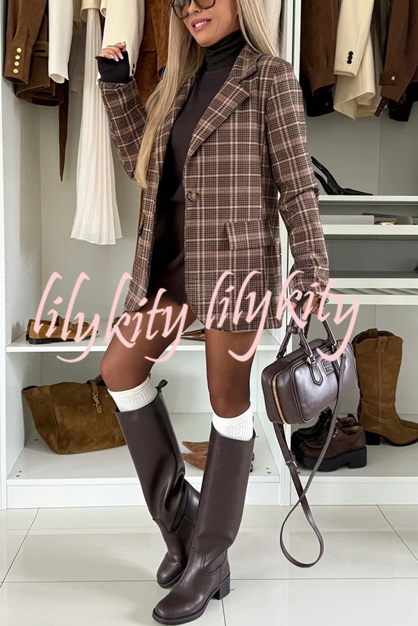 Classic Modern Plaid One Button Long Sleeve Flap Pocket Lapel Blazer
