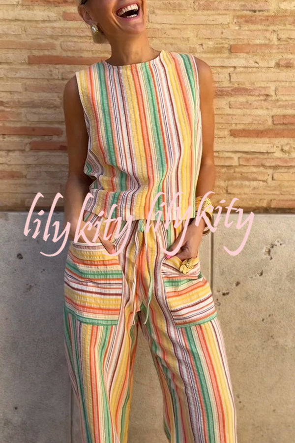 Tylah Linen Blend Colorful Striped Back Button Vest and Elastic Waist Pocket Loose Pants Set
