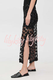 Gorgeous Flower Embellished Sequin Sheer High Rise Slit Midi Skirt