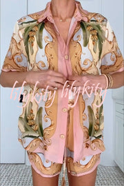 Royalty Unique Print Button Up Short Sleeve Shirt and Elastic Waist Pocketed Loose Shorts Set