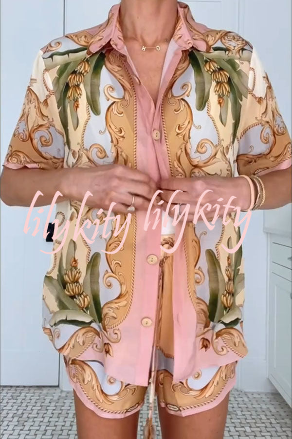 Royalty Unique Print Button Up Short Sleeve Shirt and Elastic Waist Pocketed Loose Shorts Set