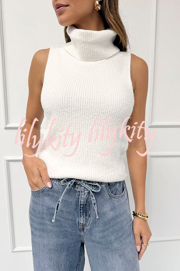 Comfortable Season Ribbed Knit Turtleneck Sleeveless Relaxed Sweater