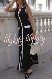 Elegant Slim Fit Crew Neck Buttoned Sleeveless Knit Midi Dress