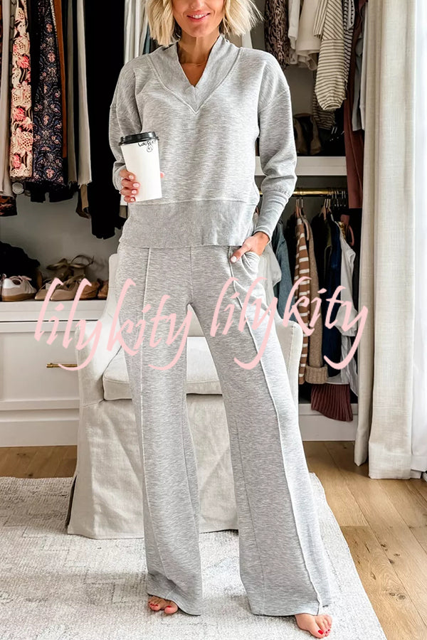 Weather Gets Cold Solid Color V-neck Top and Elastic Waist Pocketed Lounge Pants Set