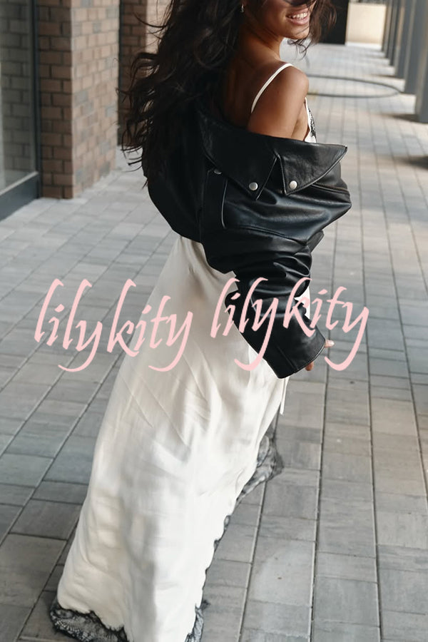 Breezy City Fall SatinLace Petal Trim Slip Tie-up H-line Slit Maxi Dress