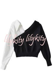 Stylish Patchwork Contrasting Long-sleeved V-neck Casual Sweater