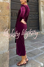 Elisabeth Luxurious Velvet Padded Shoulders Long Sleeve Twist Waist Drape Midi Dress