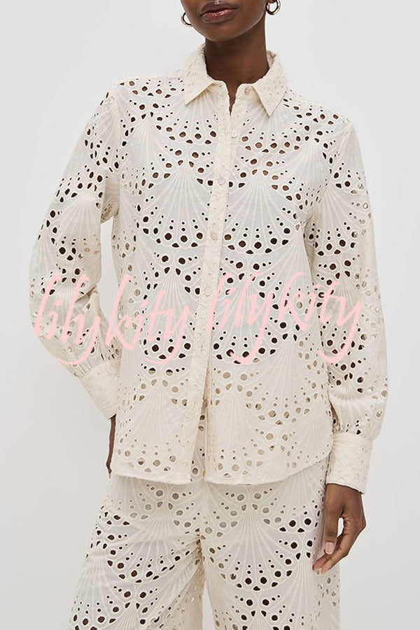Lillah Embroidered Lace Shell Pattern Long Sleeve Loose Blouse