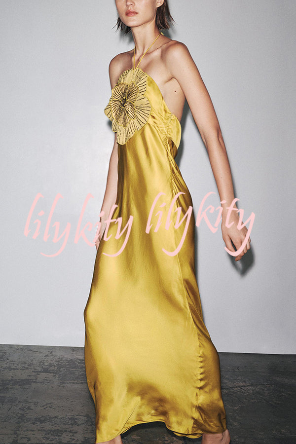 Fashionable Beaded Large Flower Decoration Halter Neck Backless Maxi Dress