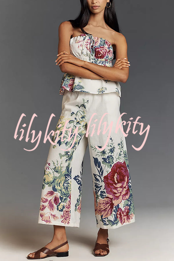 In To The Summer Linen Blend Floral Print Elastic Bandeau and Elastic Waist Pocket Loose Pants Set