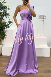 Nasha Satin Pleated One Shoulder Petal Gemstone Detail Pocket Slit Maxi Dress