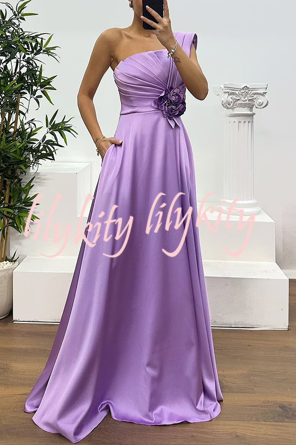 Nasha Satin Pleated One Shoulder Petal Gemstone Detail Pocket Slit Maxi Dress