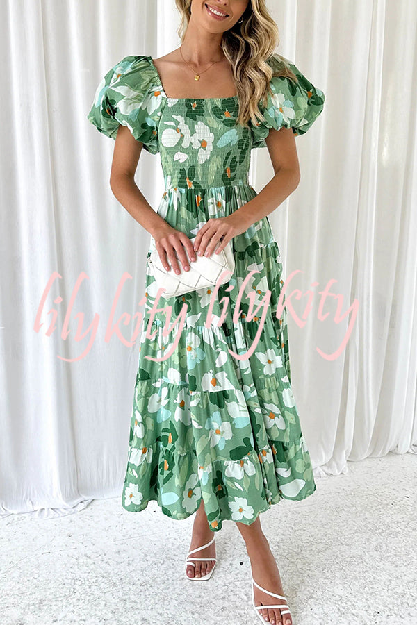 Petal Princess Unique Print Smocked Waist Puff Sleeve Midi Dress