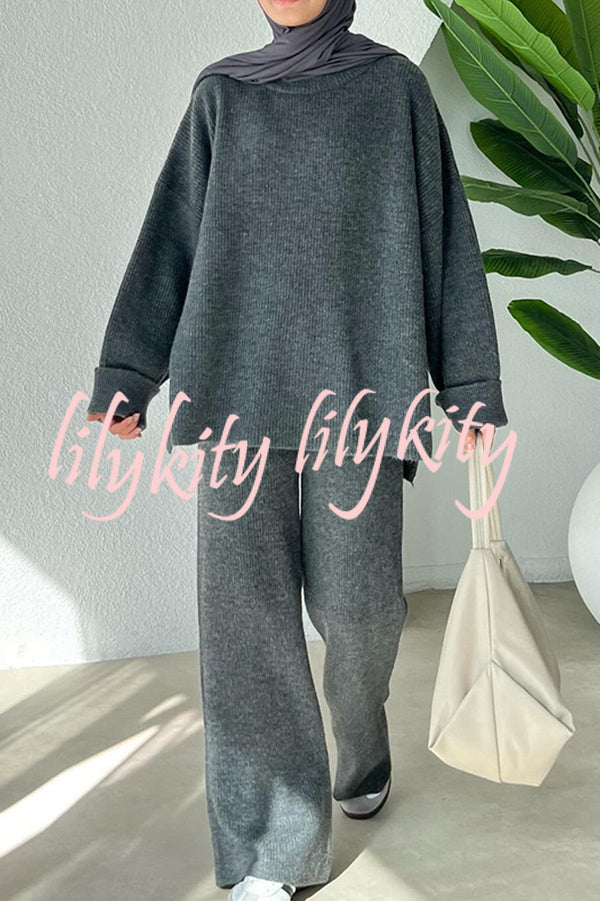 Solid Color Loose Long-sleeved Knit Top and Elastic Waist Casual Straight Leg Pants Set