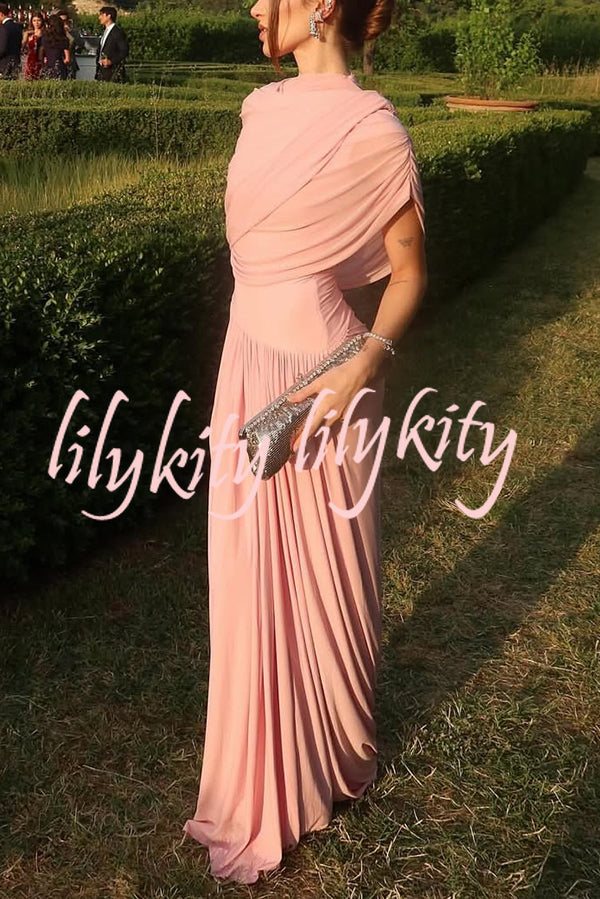 Elegant Mesh Cape-style Pleated Draped Maxi Dress