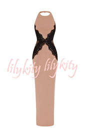 Sexy Halterneck Lace Paneled Backless Slim Maxi Dress