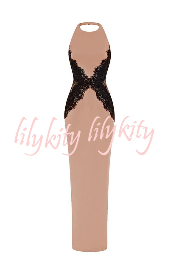 Sexy Halterneck Lace Paneled Backless Slim Maxi Dress