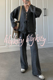 Solid Color V-neck Tie Long-sleeved Loose Knit Cardigan and Elastic Waist Casual Straight Leg Pants Set