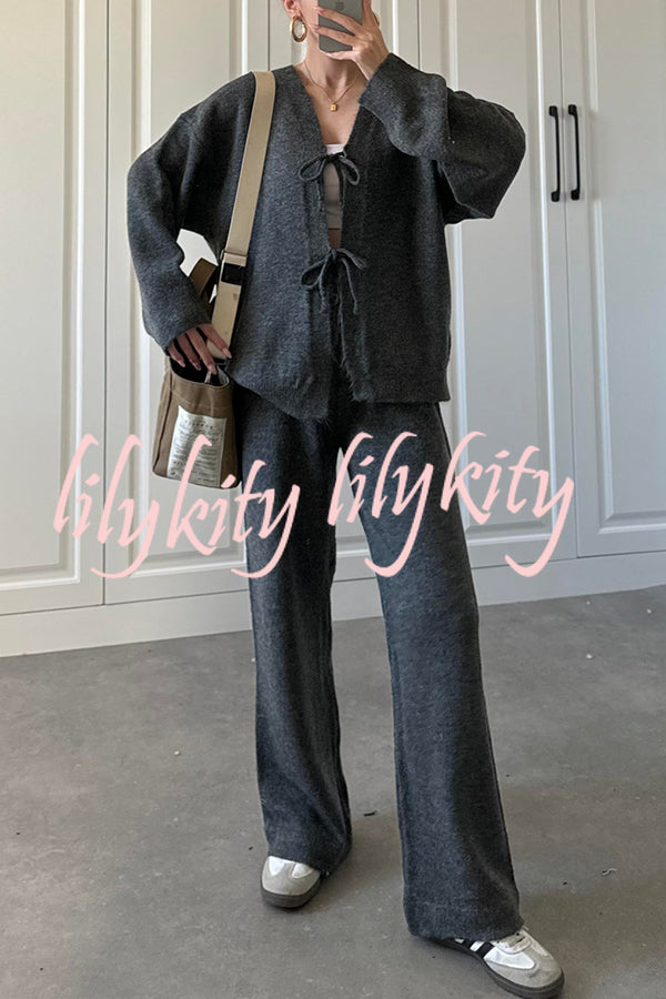 Solid Color V-neck Tie Long-sleeved Loose Knit Cardigan and Elastic Waist Casual Straight Leg Pants Set