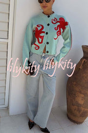 Coastal Fashion Knit Octopus Graphic Contrast Piping Button Up Loose Cardigan