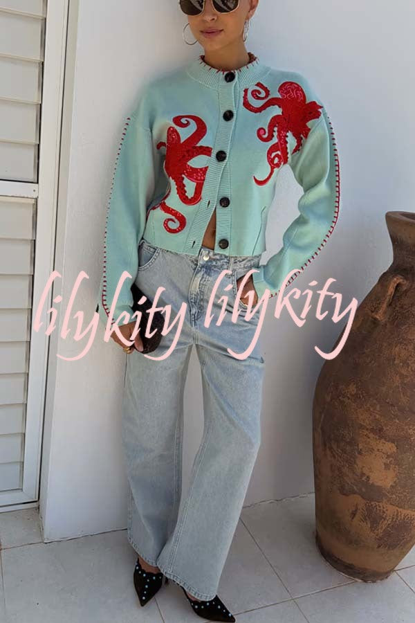 Coastal Fashion Knit Octopus Graphic Contrast Piping Button Up Loose Cardigan