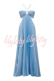 Caught Your Eye Satin Pleated Cross Straps Cutout Flowing Maxi Dress