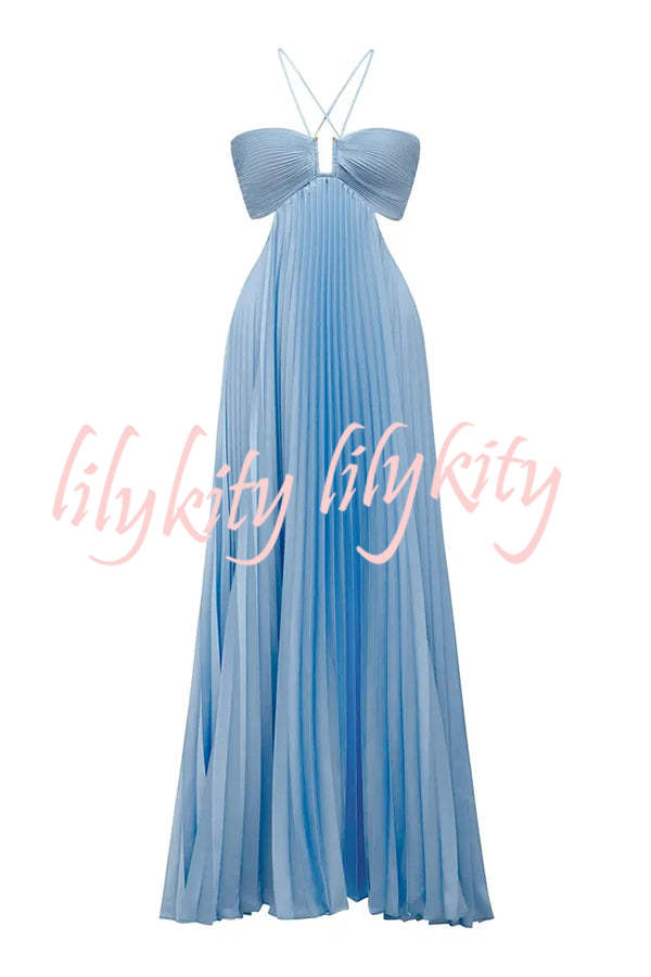 Caught Your Eye Satin Pleated Cross Straps Cutout Flowing Maxi Dress