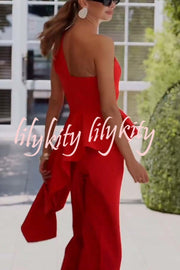Amena One Shoulder Sweetheart Neck Ruffle Hem Top and Elastic Waist Pocket Wide Leg Pants Set