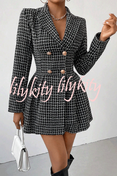 Plaid Print Lapel Long Sleeve Office Mini Dress